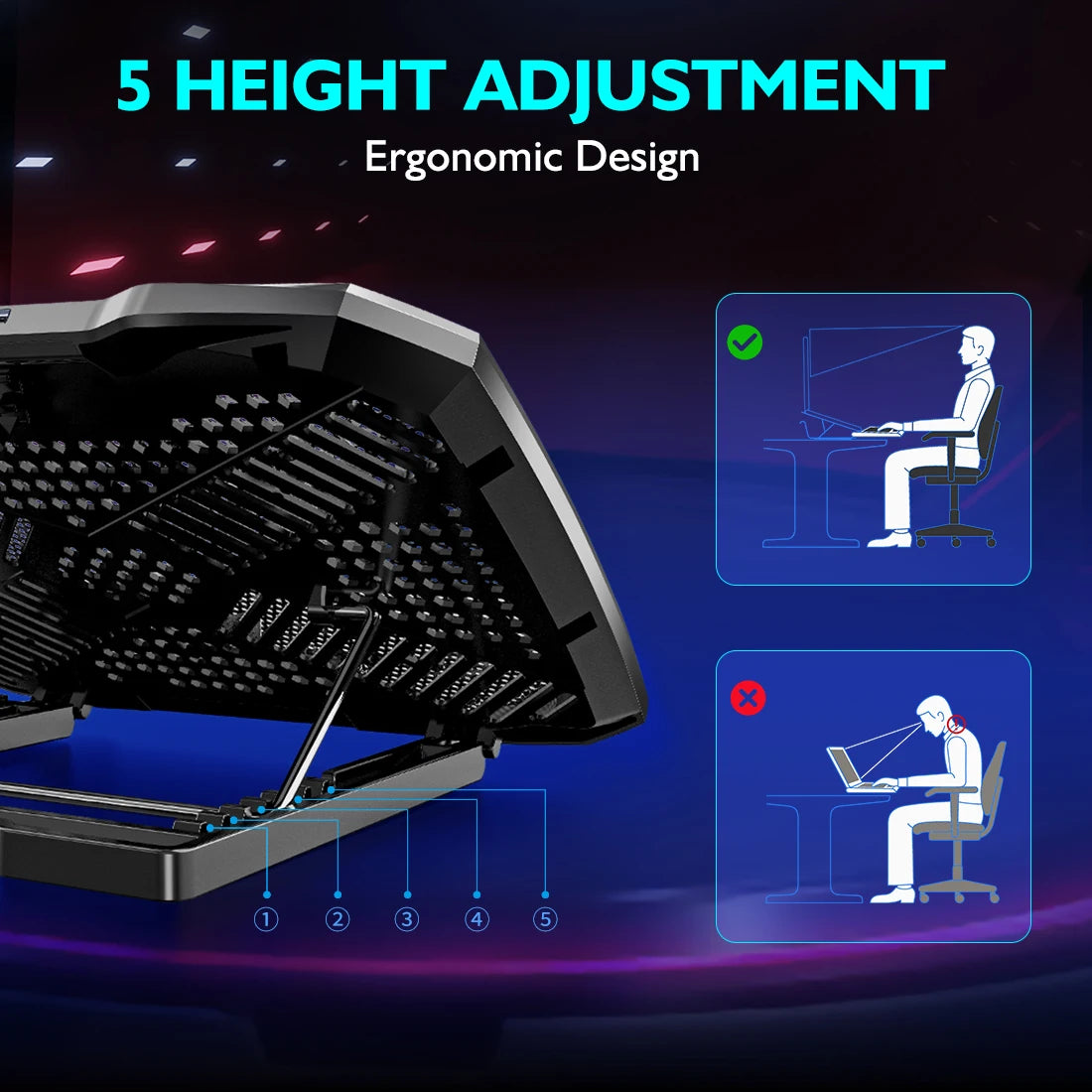 5-Fan Laptop Cooling Pad with Phone Holder